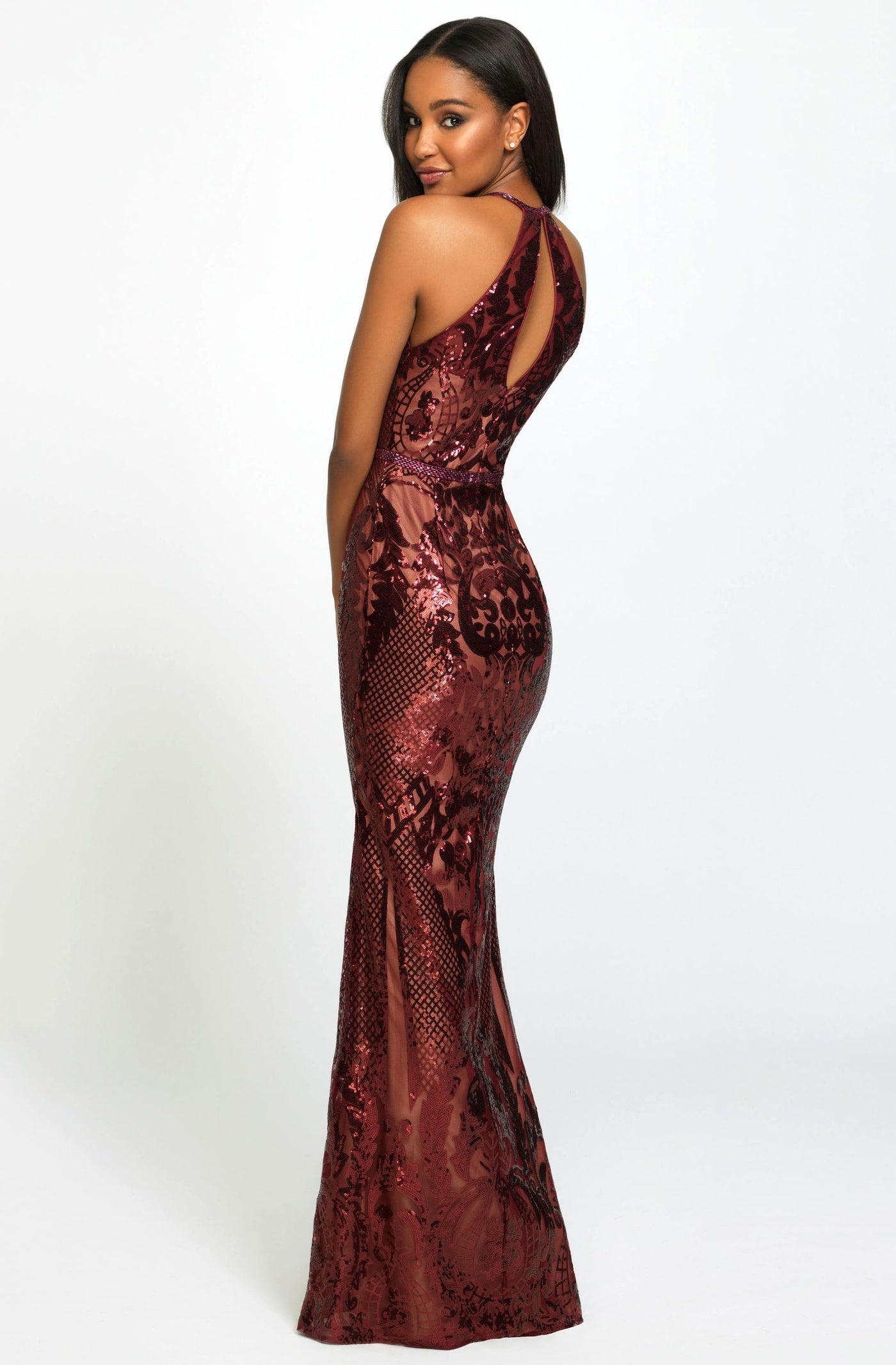 Madison James - Sequined Halter Trumpet Dress 19-173 In Red