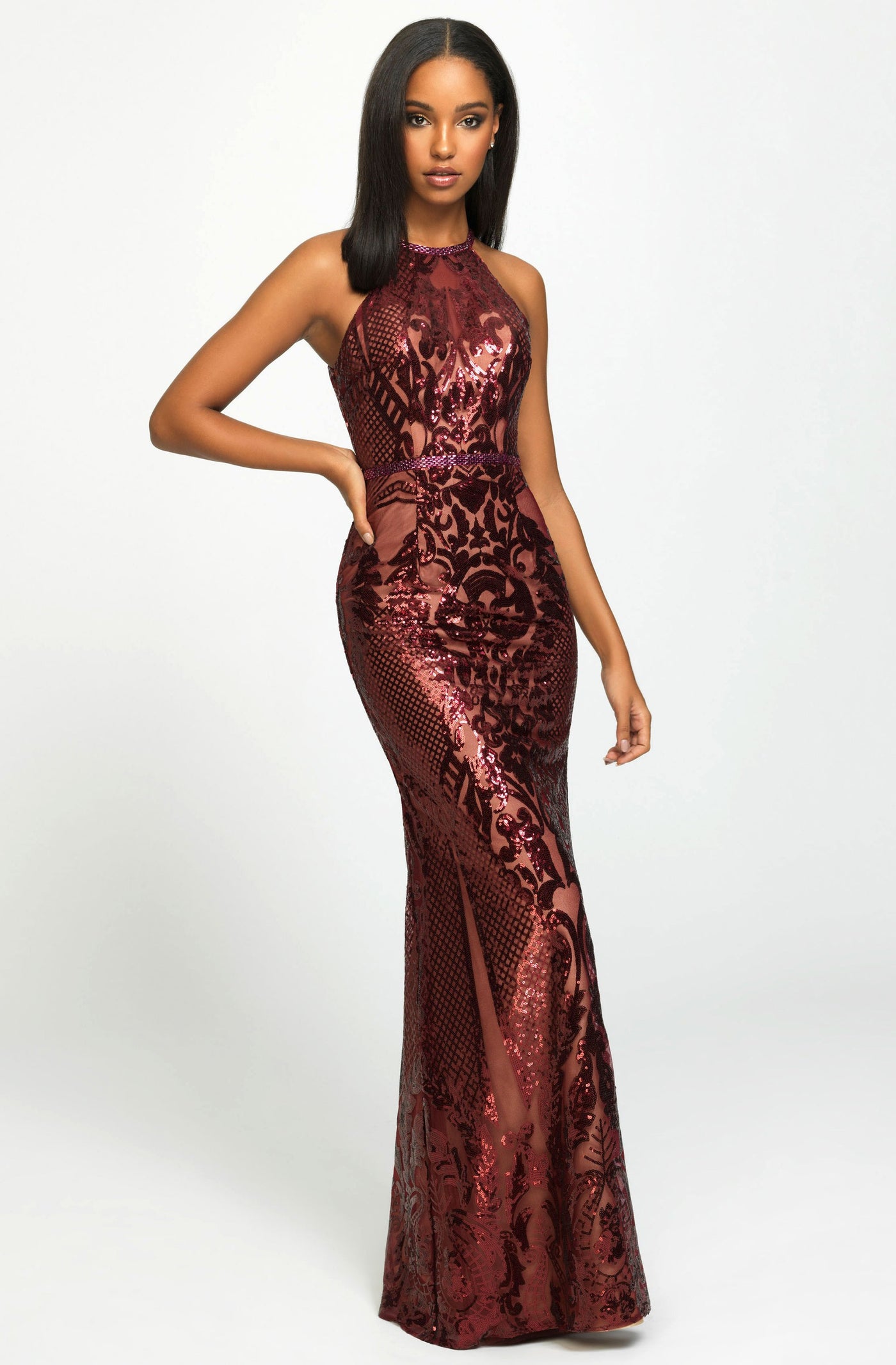 Madison James - Sequined Halter Trumpet Dress 19-173 In Red