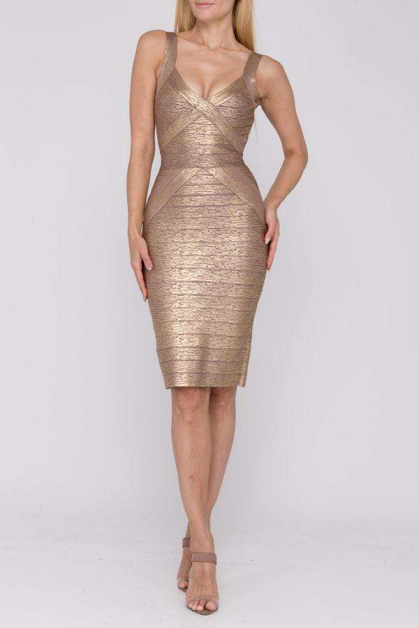 Terani Couture - 1921C0011 Stretch Metallic Knit Bandage Dress Cocktail Dresses 0 / Rose Gold