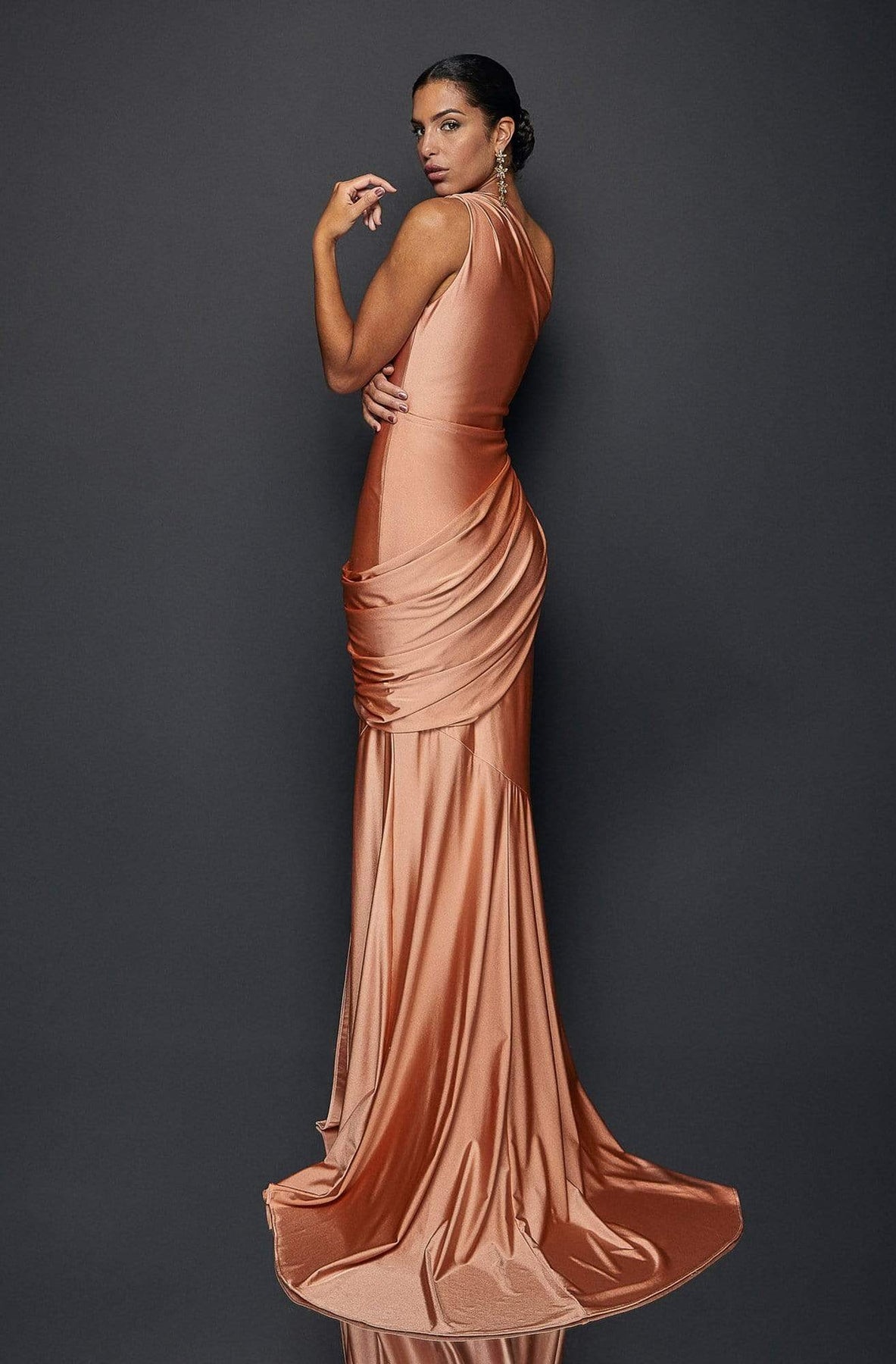 Terani Couture - 1921E0123 One Shoulder Draped Jersey Mermaid Gown In Pink and Gold