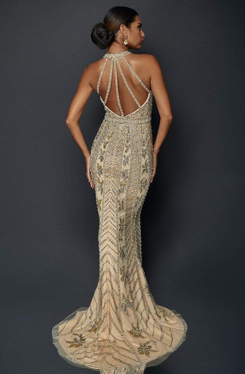 Terani Couture - 1921GL0626 Embellished Halter Mermaid Gown With Train in Neutral and Gold