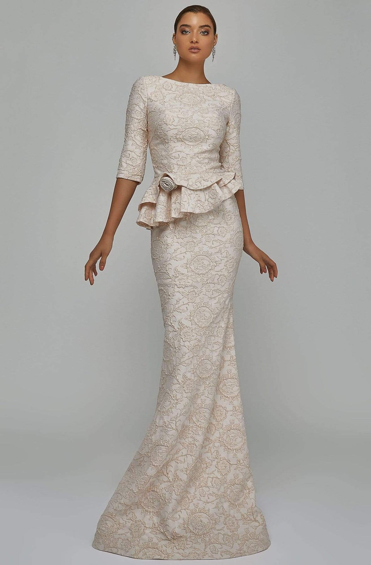 Terani Couture - 1921M0729 Ruffled Peplum V Back Trumpet Gown Evening Dresses 0 / Blush