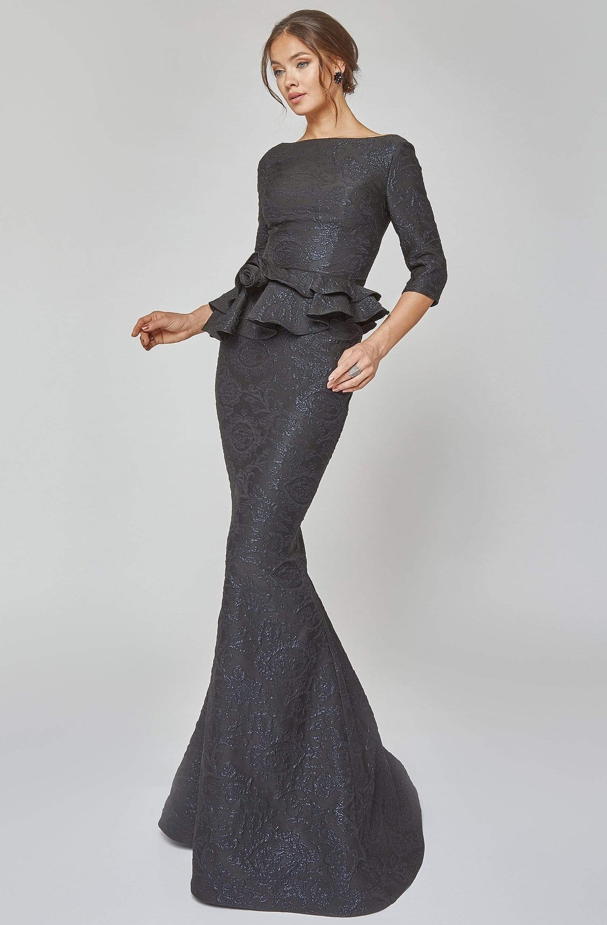 Terani Couture - 1921M0729 Ruffled Peplum V Back Trumpet Gown in Black