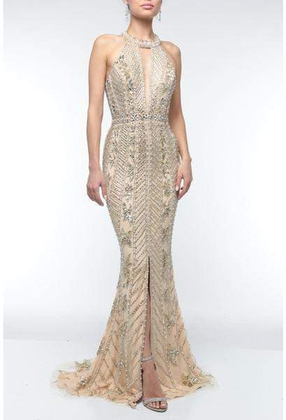 Terani Couture - 1921GL0626 Embellished Halter Mermaid Gown With Train Evening Dresses