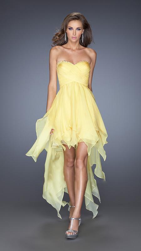 La Femme - 19634 Enchanting Ruched Sweetheart High-Low Gown In Yellow