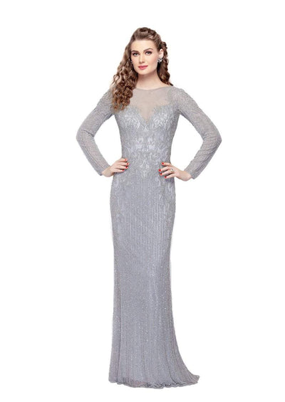 Primavera - 1966 Adorned Illusion Long Sleeve Gown in Silver