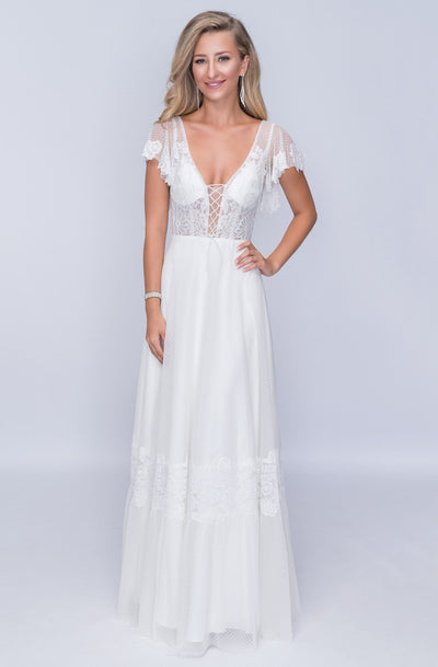 Nina Canacci - 4187 Flutter Cap Sleeve Lattice Motif Lace Gown In Ivory