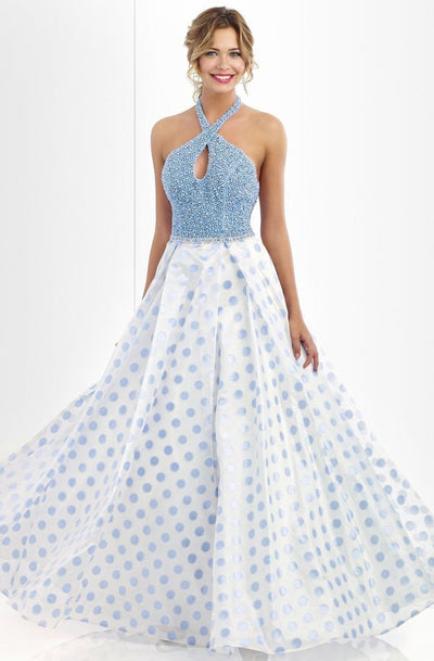Blush - Embellished Halter Neck Polka Dot Printed Ball Gown 5516 in Blue and White