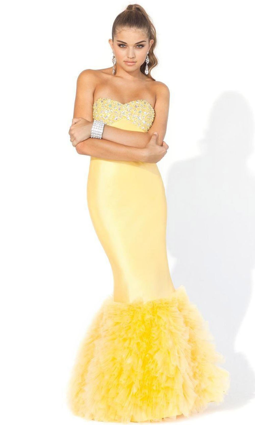 Blush by Alexia Designs - Beaded Strapless Sweetheart Ruffles Tulle Mermaid Gown 9300SC In Yellow
