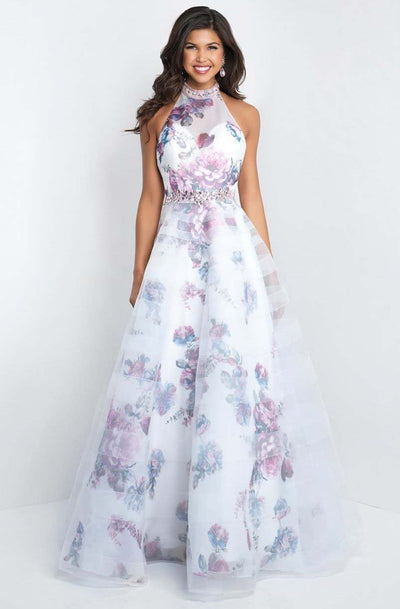 Blush - 5655 Floral Printed Halter Organza Gown with Tulle Overlay In White and Multi-Color