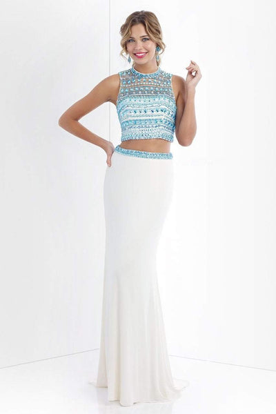 Blush - 11055 Crystal Encrusted Cropped Top Sheath Dress Special Occasion Dress 0 / Off White/Aqua