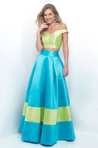 Blush by Alexia Designs - 5620 Vibrant Off-Shoulder Sleek A-Line Gown Special Occasion Dress 0 / Lime/Turquosie