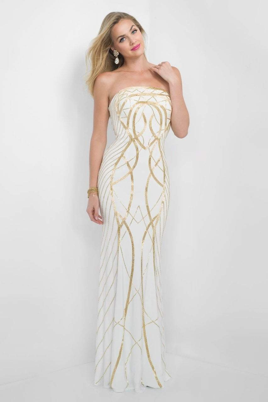 Blush by Alexia Designs - 7014 Gold Printed Strapless Long Dress Special Occasion Dress 0 / Off White/Gold