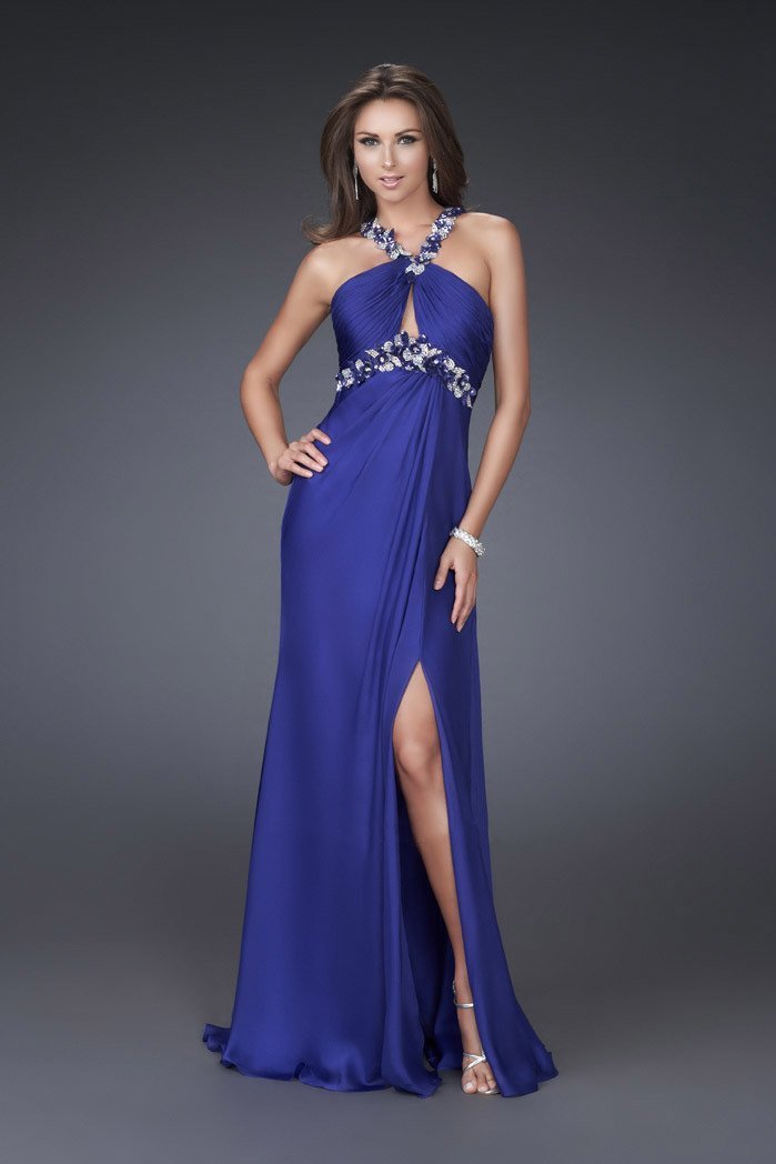 La Femme - Floral Accent Halter Strapped Empire Waist Evening Gown 16564 In Blue