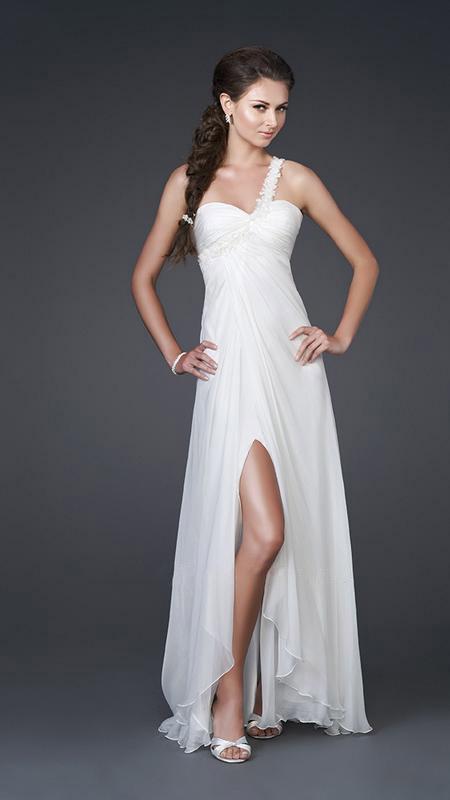 La Femme - Floral Beaded One Shoulder Strap Sweetheart Chiffon A-line Gown 15161 in White
