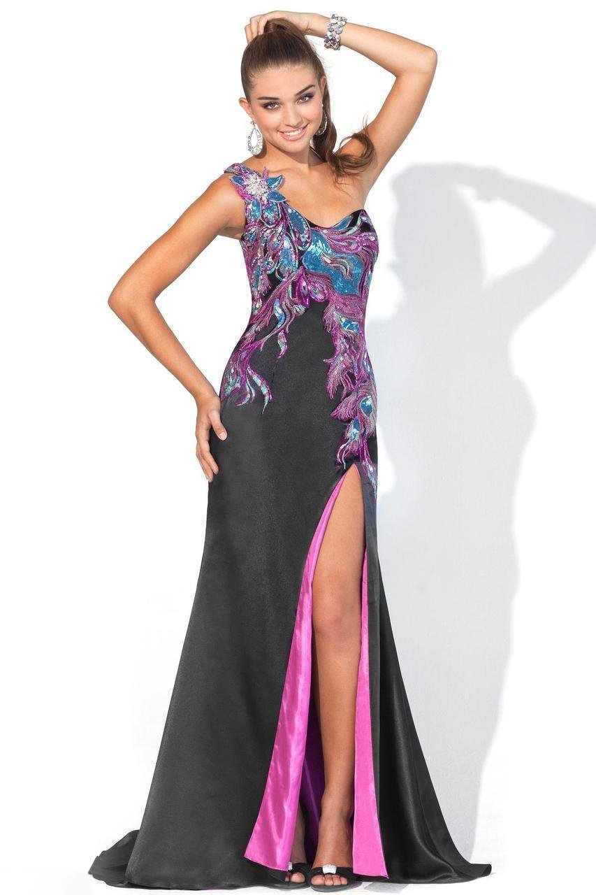 Blush - 9356 One Shoulder Embellished Long Dress with Slit Special Occasion Dress 0 / Black/Fuschia