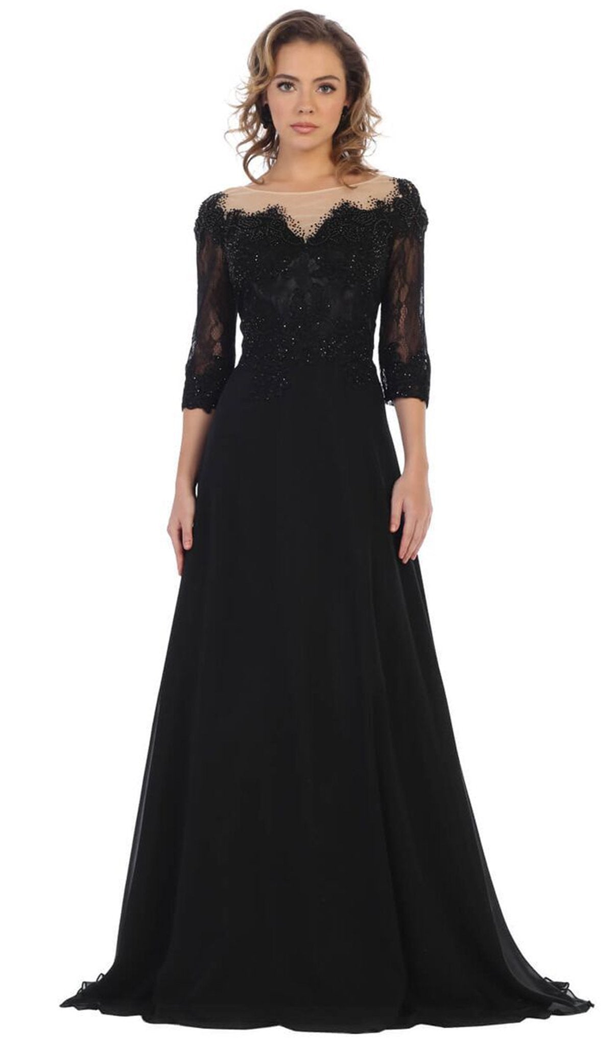 May Queen - MQ1617 Beaded Lace Illusion Bateau Dress In Black