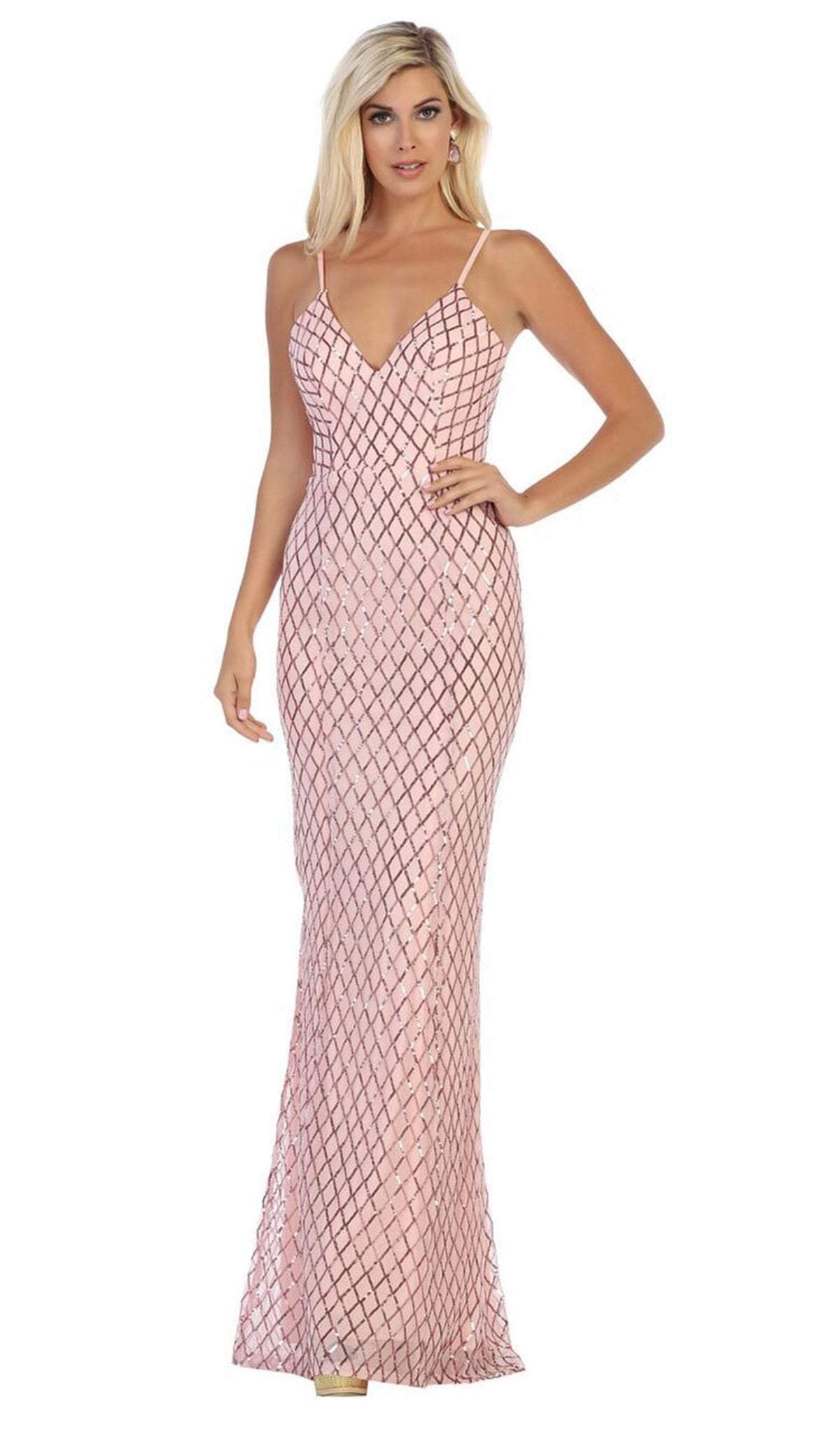 May Queen - MQ1625 Adorned Lattice Motif Sheath Gown In Pink