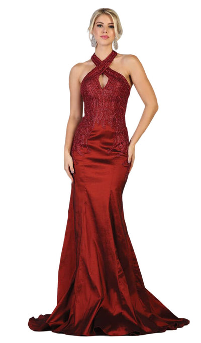 May Queen - RQ7743 Appliqued Halter Mermaid Gown In Red