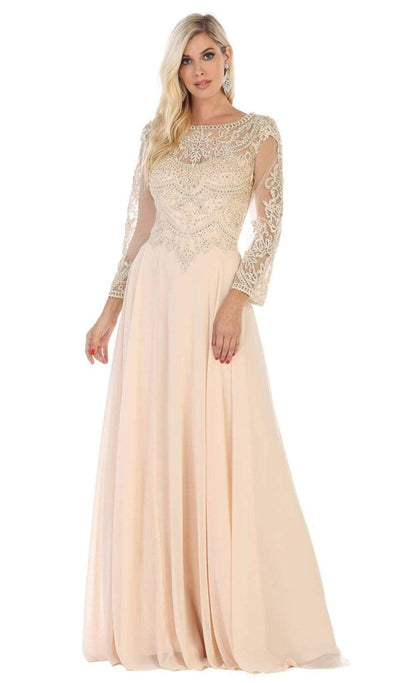 May Queen - MQ1615B Applique Long Sleeve A-line Dress In Nude