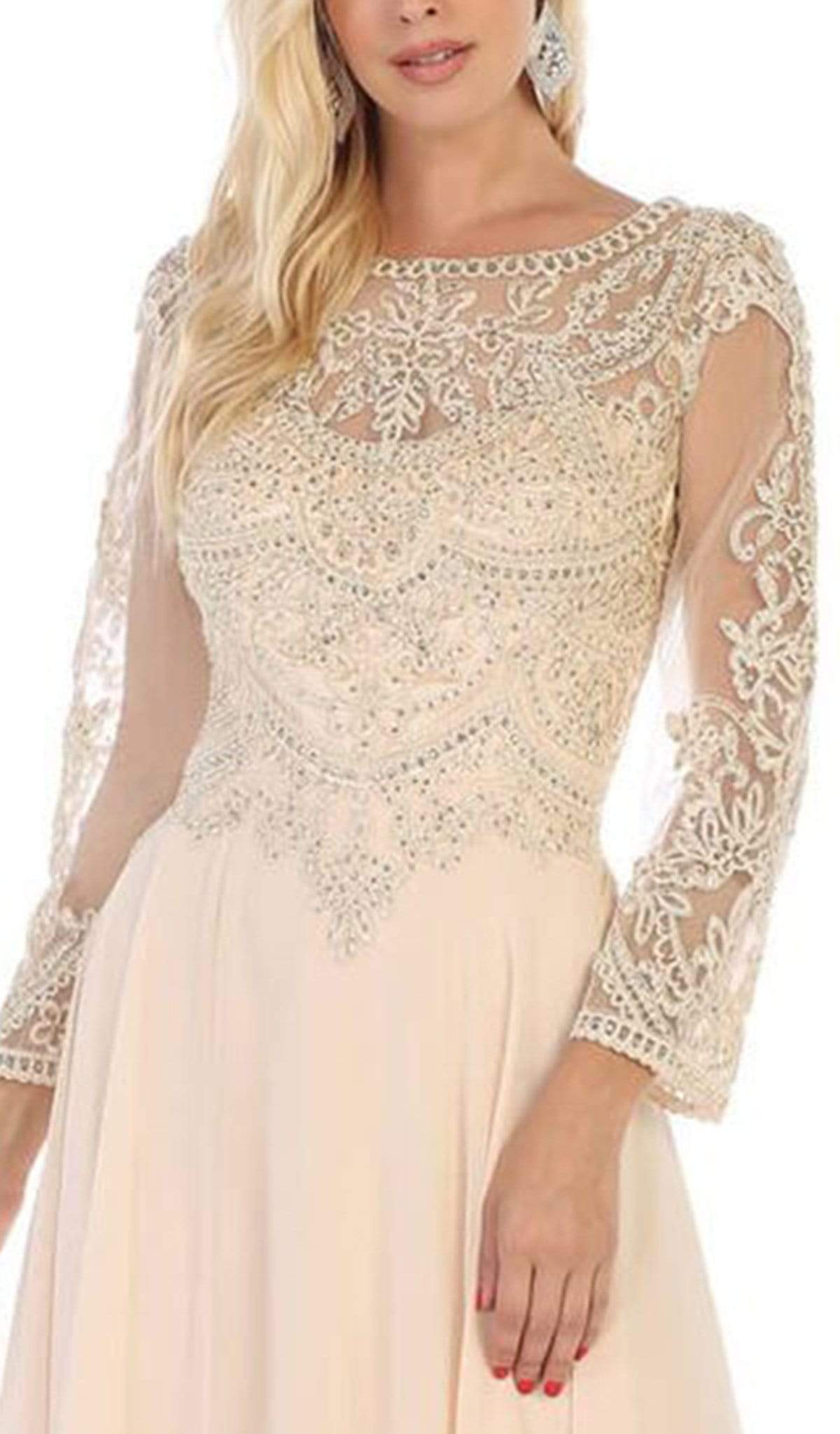 May Queen - MQ1615B Applique Long Sleeve A-line Dress In Nude