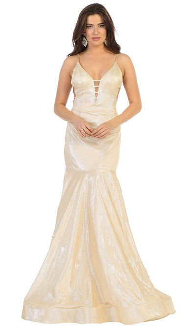 May Queen - RQ7739 Strappy Plunging V-Neck Trumpet Dress In Nude