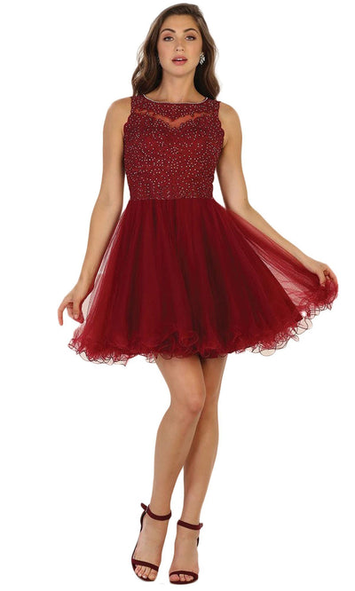 May Queen Embellished Jewel A-line Dress MQ1510 CCSALE In Burgundy