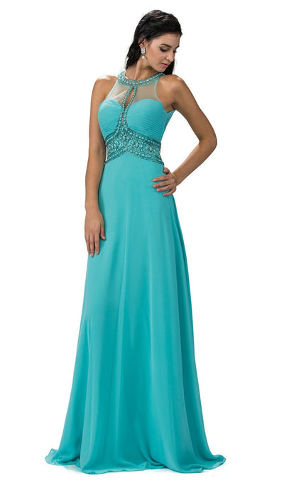 Dancing Queen - 9270 Illusion Keyhole Cutout Halter Long Prom Gown Special Occasion Dress XS / Aqua