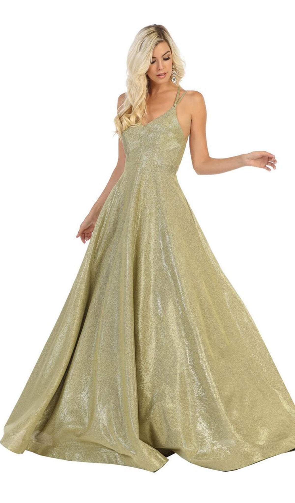 May Queen - RQ7751 V-neck A-line Gown with Cutouts In Gold