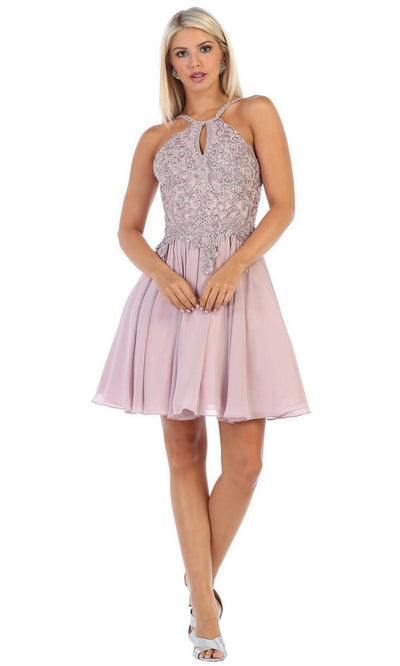 May Queen - Appliqued Keyhole Halter Cocktail Dress MQ1614 In Pink