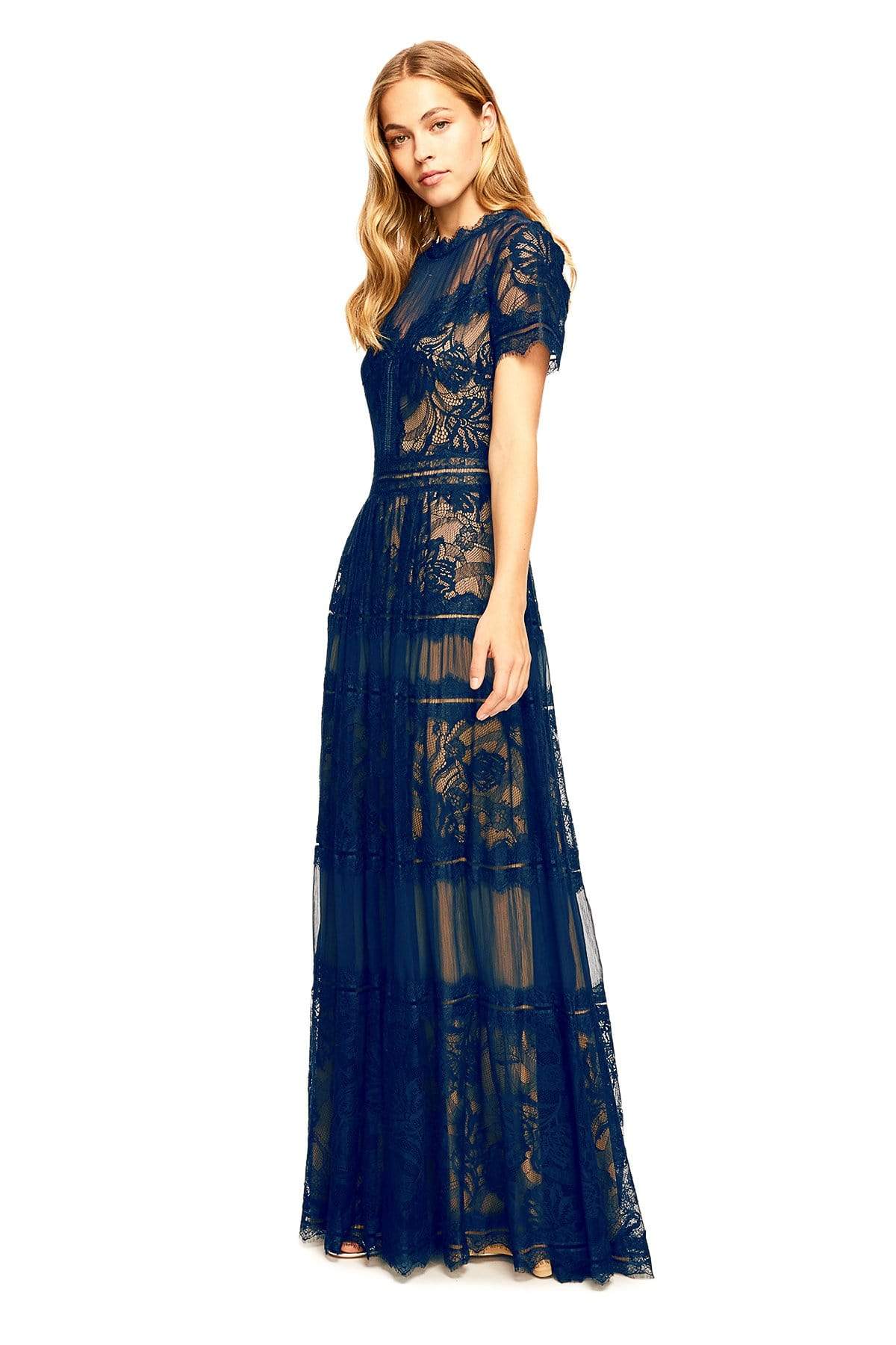 Tadashi Shoji - Lace Gathered Jewel A-Line Dress In Blue