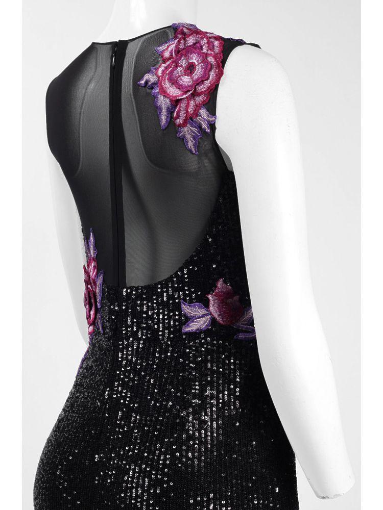 Aidan Mattox - MD1E201740 Floral Embellished V-Neck Sheath Gown In Black