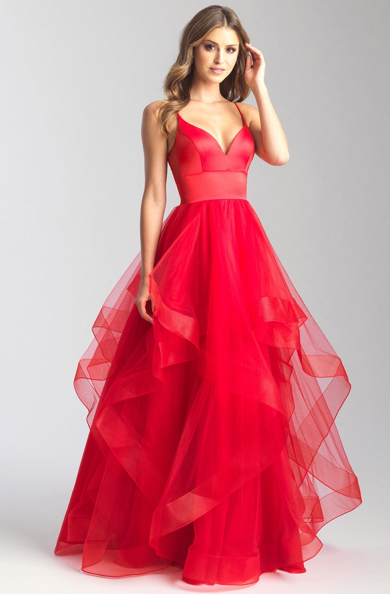 Madison James - Satin V-neck Ruffled Tulle A-line Dress 20-328 In Red