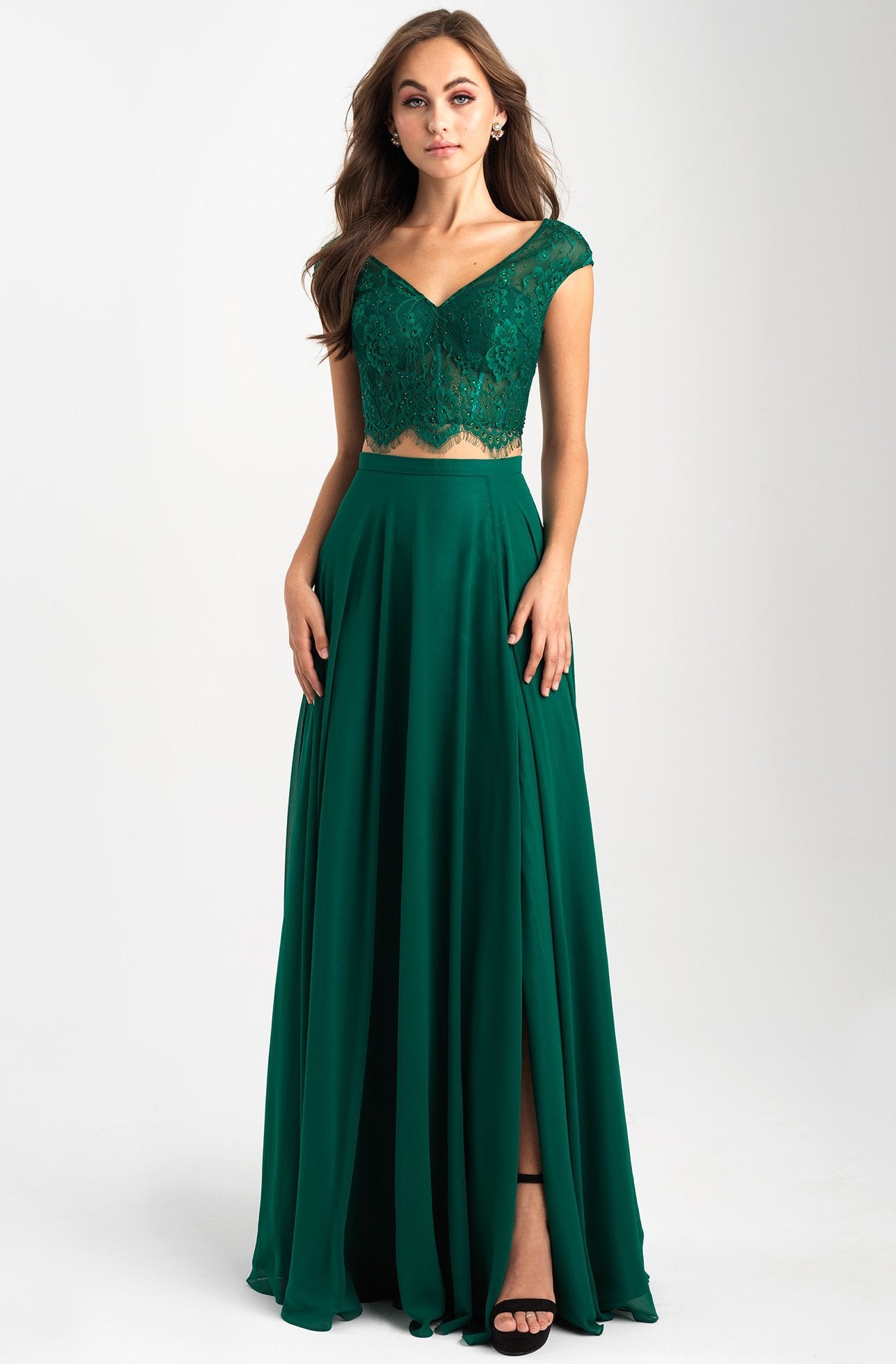 Madison James - Two-Piece Scalloped Lace Bodice High Slit Dress 20-377 In Green
