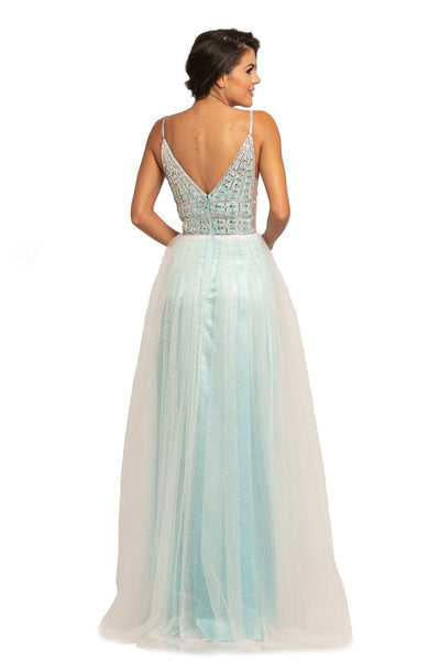 Johnathan Kayne - 2000 Illusion V Neck Sleeveless Glitter Mesh Gown In White and Green