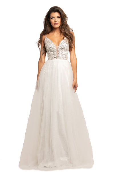 Johnathan Kayne - 2000 Illusion V Neck Sleeveless Glitter Mesh Gown In White