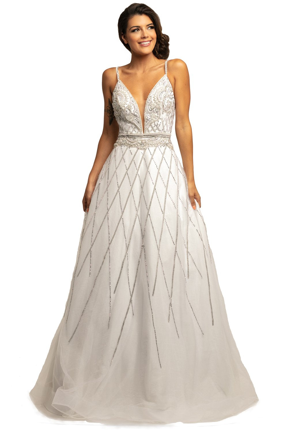 Johnathan Kayne - 2003 Plunging Beaded Bodice A-Line Gown In White