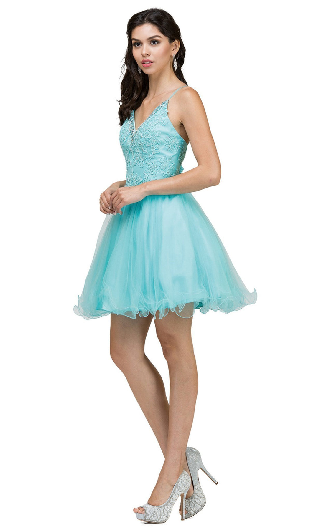 Dancing Queen - 2004 Beaded Floral Lace Tulle Cocktail Dress In Blue
