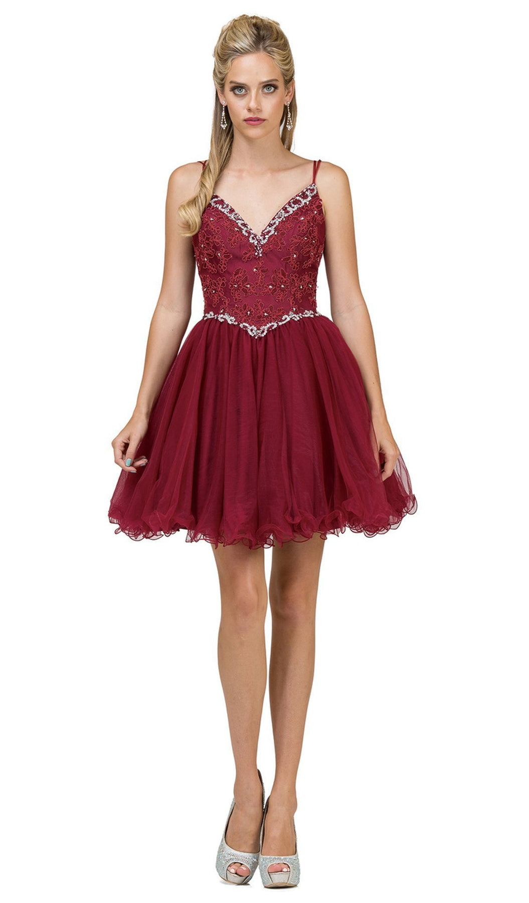Dancing Queen - 2004 Beaded Floral Lace Tulle Cocktail Dress In Red