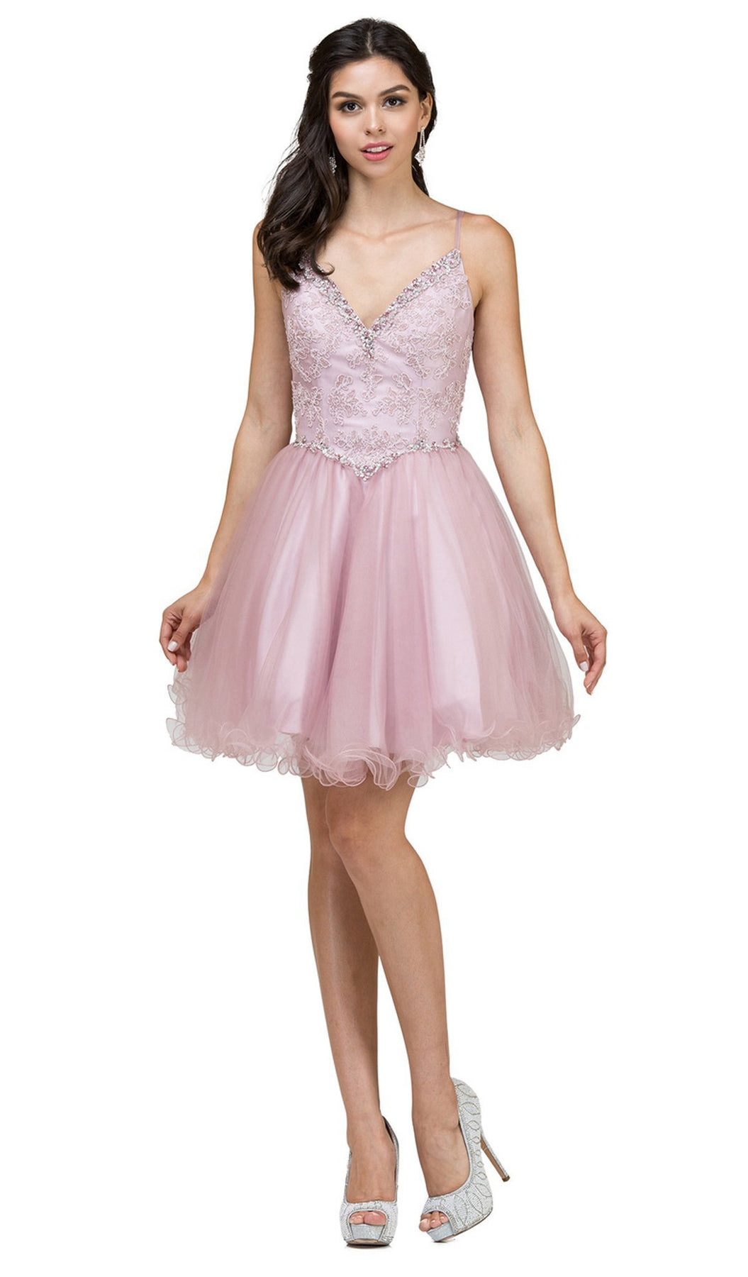 Dancing Queen - 2004 Beaded Floral Lace Tulle Cocktail Dress In Pink