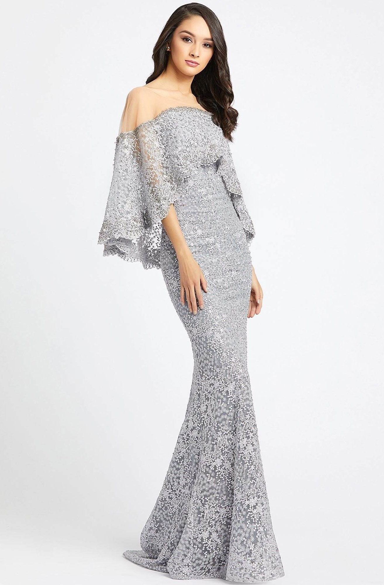 Mac Duggal - 20072D Illusion Lace Overlay Cape Gown In Gray