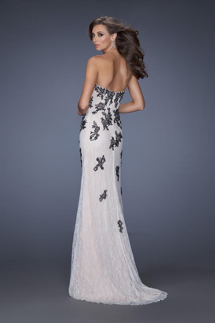 GiGi - Embellished Lace Applique Strapless Evening Dress 20076 In Black and White