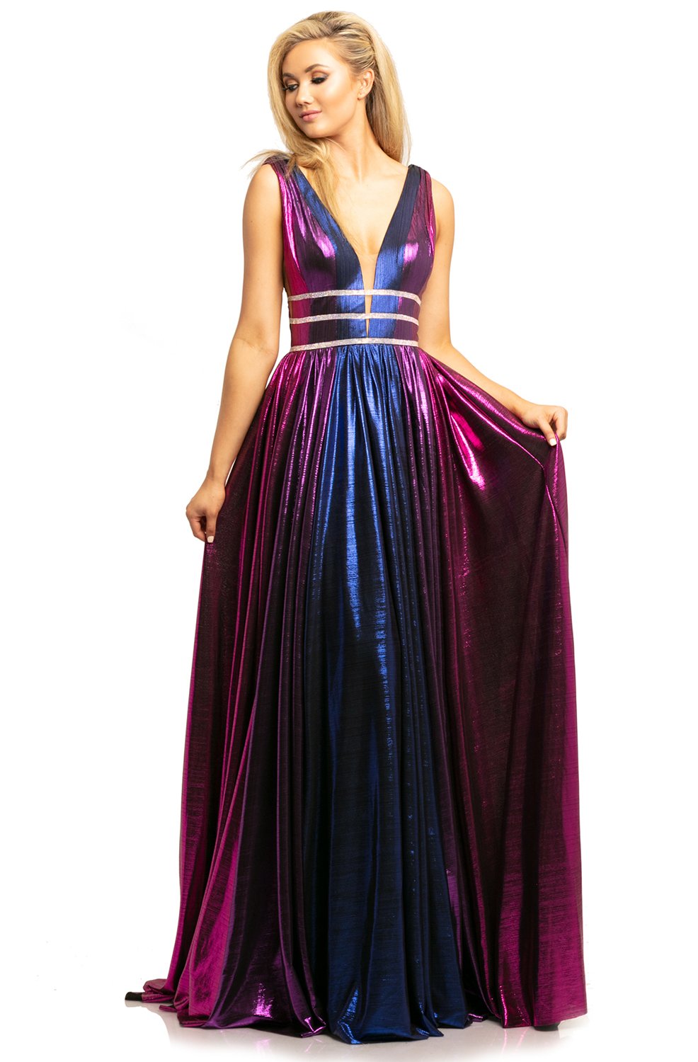 Johnathan Kayne - 2008 Plunging Multi-Colored Metallic A-Line Gown In Pink and Multi-Color