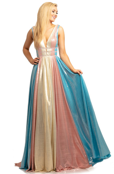 Johnathan Kayne - 2008 Plunging Multi-Colored Metallic A-Line Gown In Multi-Color
