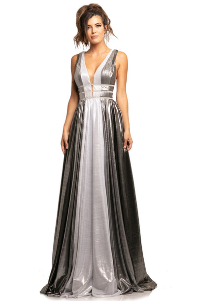 Johnathan Kayne - 2008 Plunging Multi-Colored Metallic A-Line Gown In Silver and Multi-Color