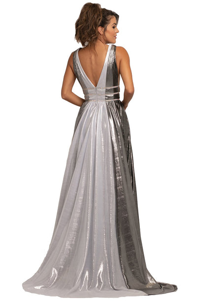 Johnathan Kayne - 2008 Plunging Multi-Colored Metallic A-Line Gown In Silver and Multi-Color