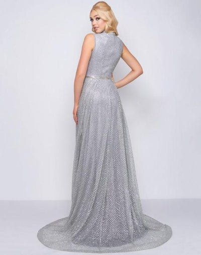 Mac Duggal Couture - 20090D Embellished High Neck Dress With Train In Silver