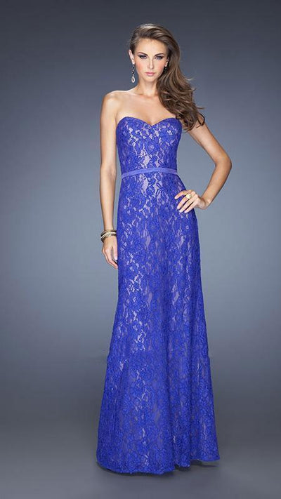 La Femme - Lace Embellished Sweetheart Column Gown 20107 In Blue
