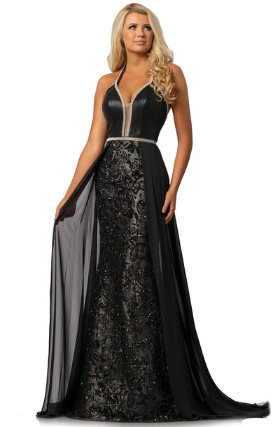 Johnathan Kayne - 2010 Embellished Deep V-neck Dress With Overskirt In Black and Silver