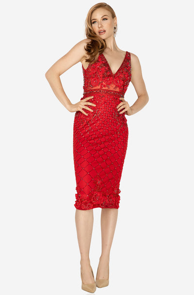 Terani Couture - 2011C2005 Embellished Plunging V-neck Sheath Dress In Red